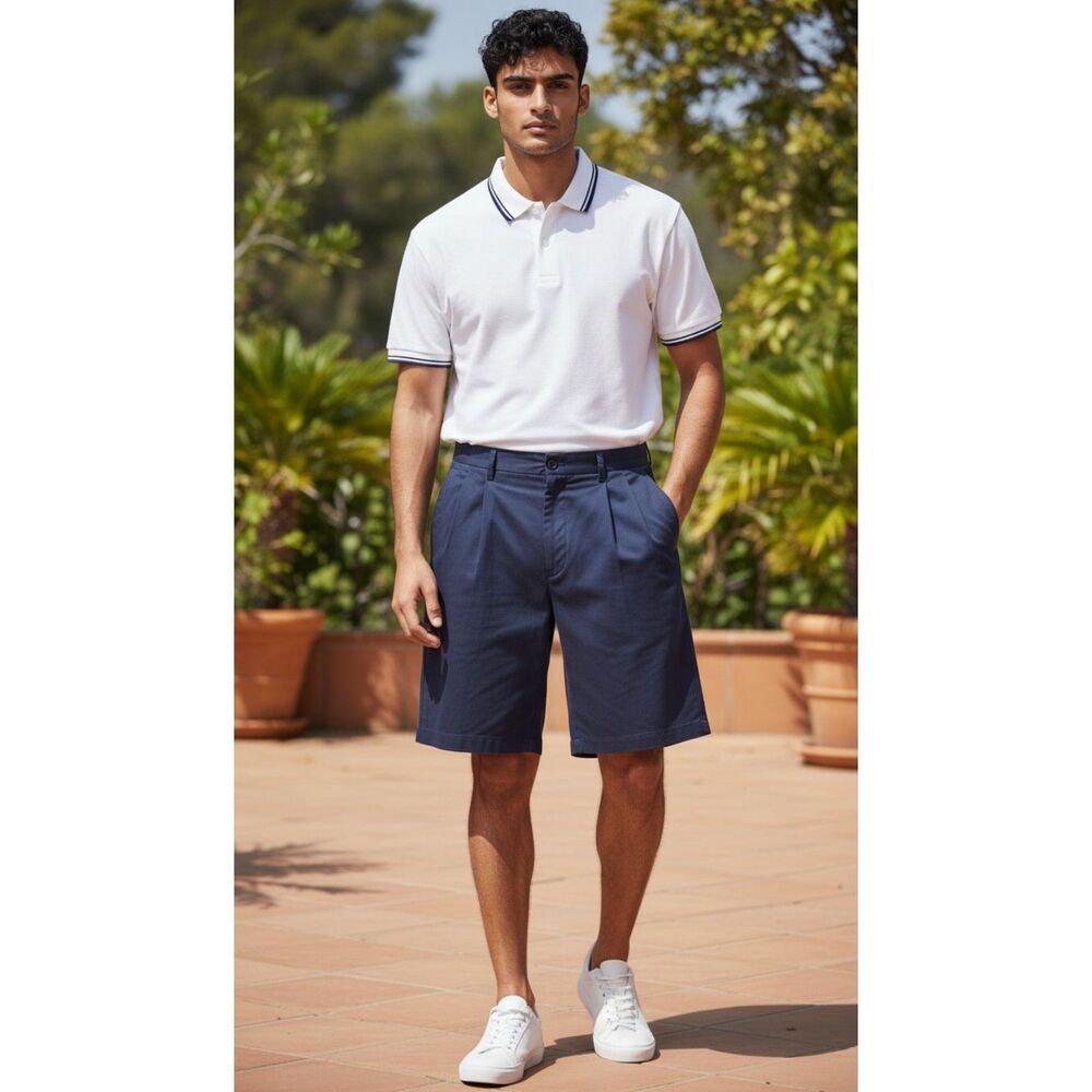 Izod Men's Luxury Sport Shorts Navy Blue Size 42 Pleated Front Cotton NWT